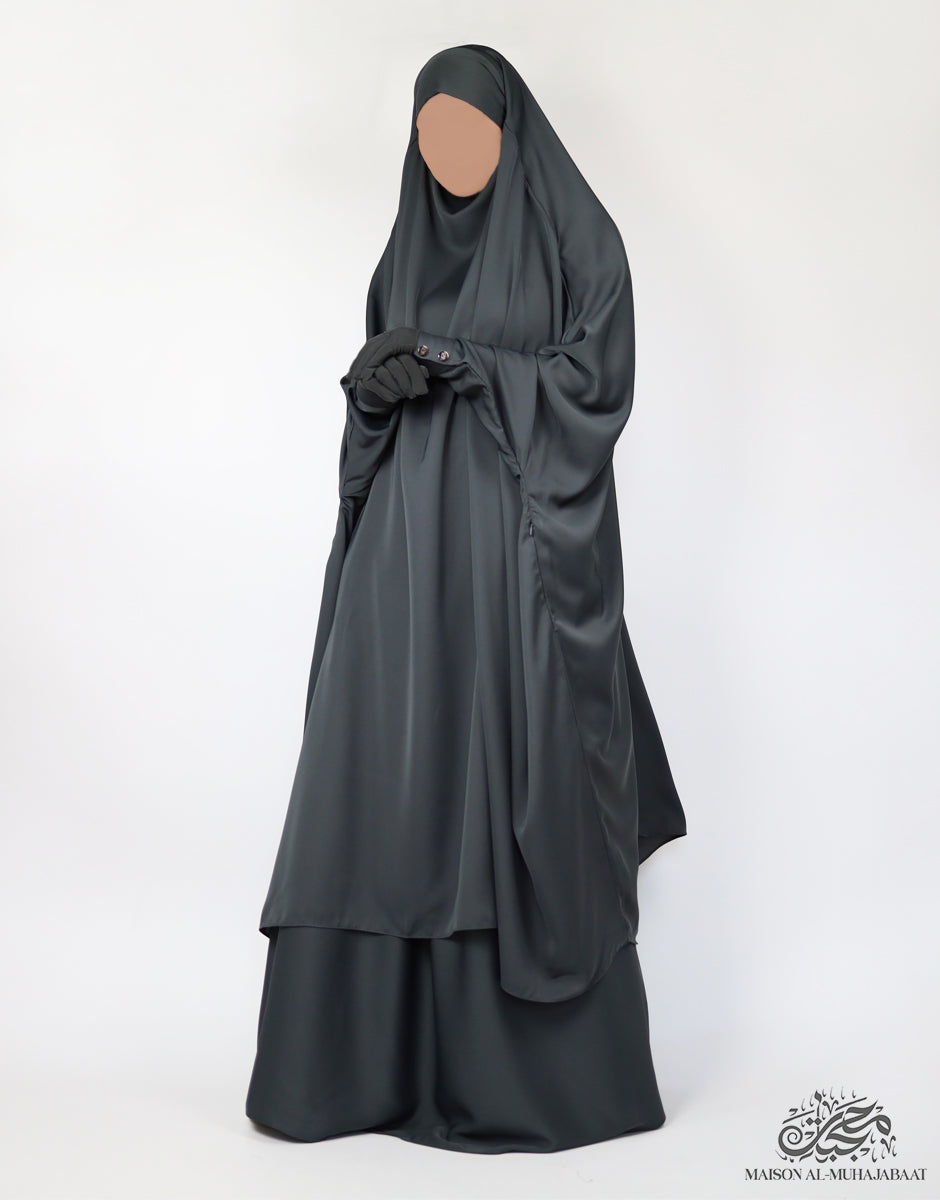 Two Piece Jilbab Haadiya with Snap Buttons - Dark Grey